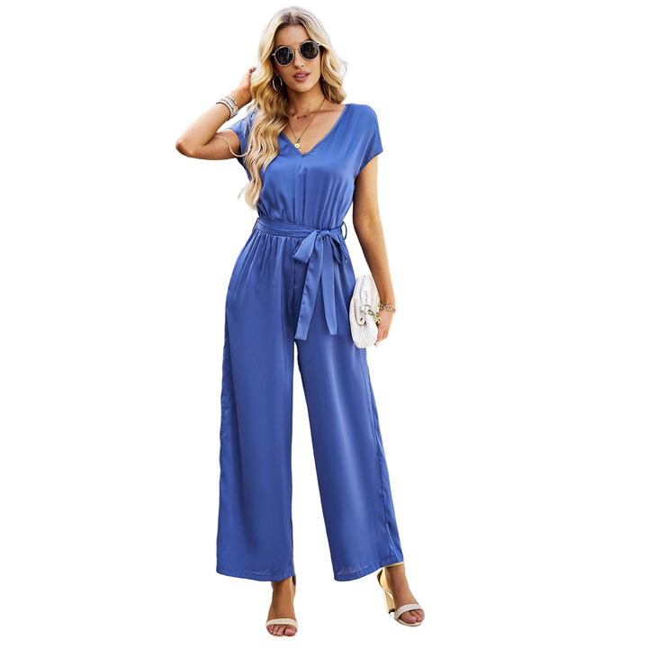 Damen eleganter Jumpsuit mit V-Ausschnitt und Bindegürtel Drune