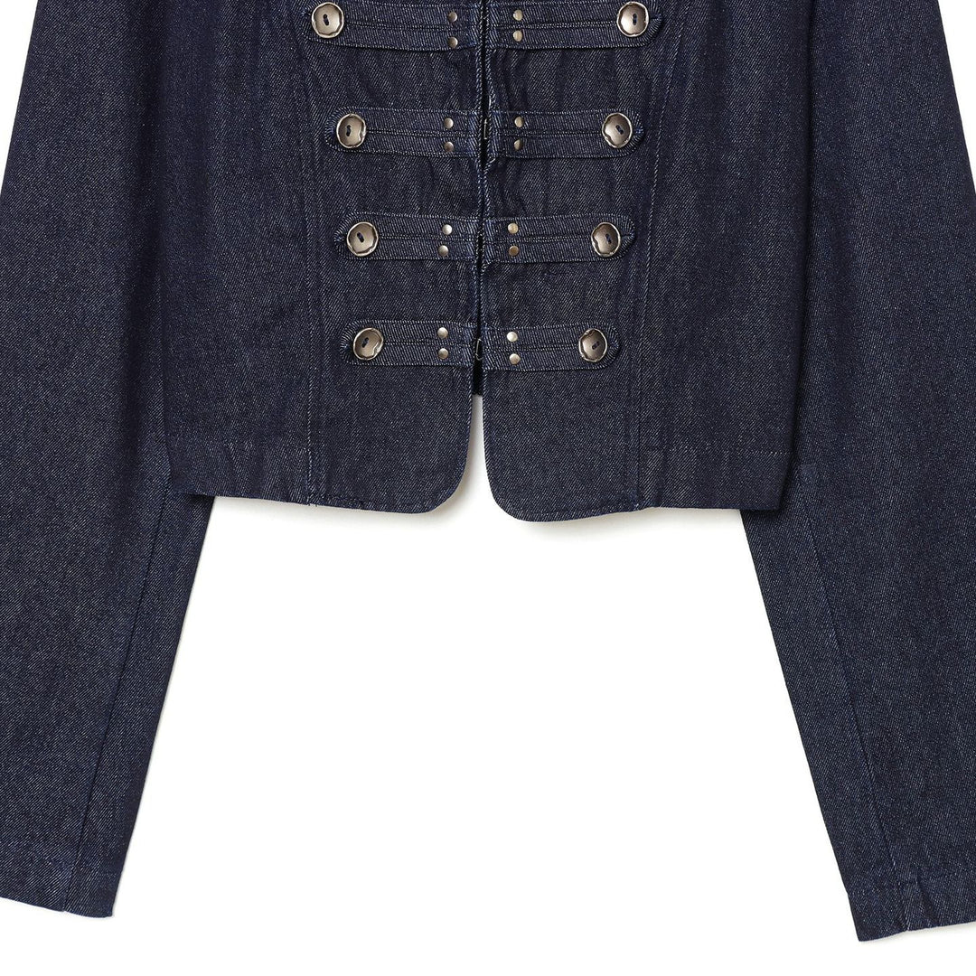 Damen Cropped Denim‑Militärjacke mit Stehkragen und dekorischer Zierknopfleiste Drune
