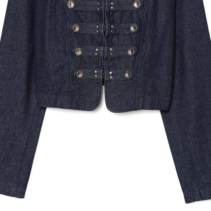 Damen Cropped Denim‑Militärjacke mit Stehkragen und dekorischer Zierknopfleiste Drune