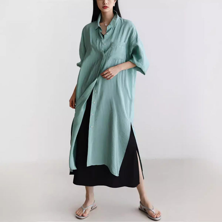 Damen Langer Satin‑Effekt Duster mit Stehkragen, Oversize‑Schnitt und tiefen Seitenschlitzen Drune