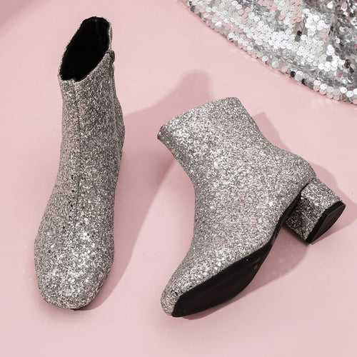 Damen glitzernde Stiefeletten mit kurzem Blockabsatz und seitlichem Reißverschluss Drune