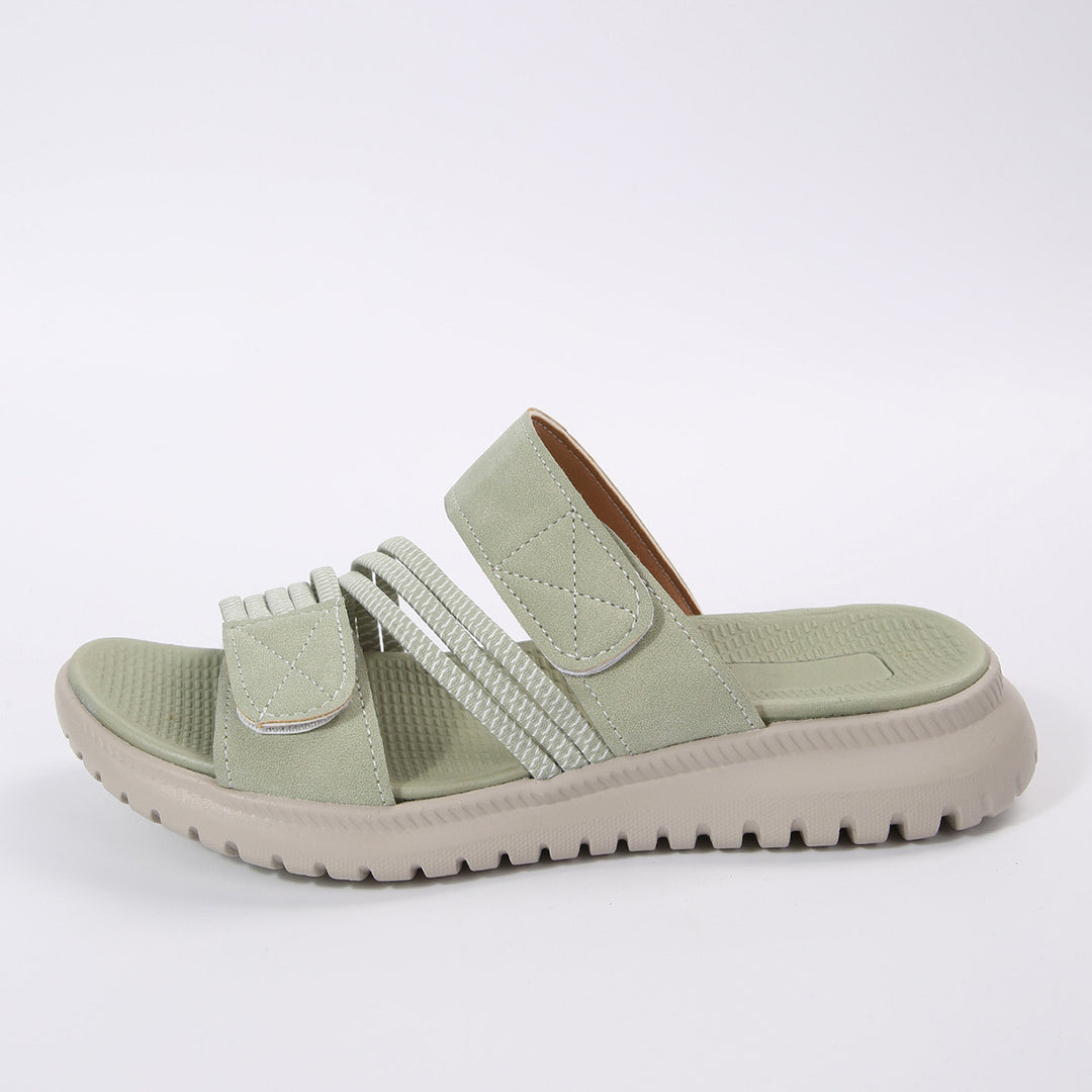 Damen Komfort-Pantolette mit verstellbaren Klettriemen, elastischen Zierbändern und stoßdämpfender Profilsohle Drune
