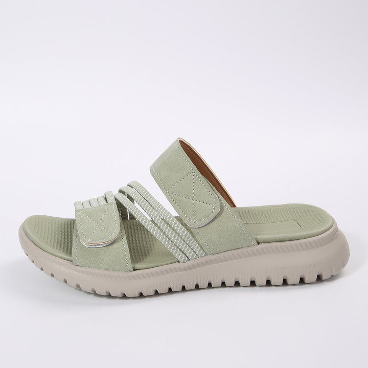 Damen Komfort-Pantolette mit verstellbaren Klettriemen, elastischen Zierbändern und stoßdämpfender Profilsohle Drune