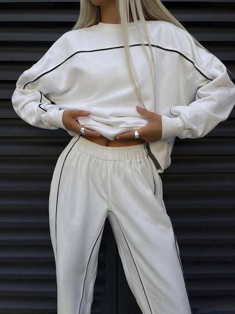 Damen cropped Sweatset mit weitem Arm, hochtaillierter Jogginghose und kontrastpaspeln Drune