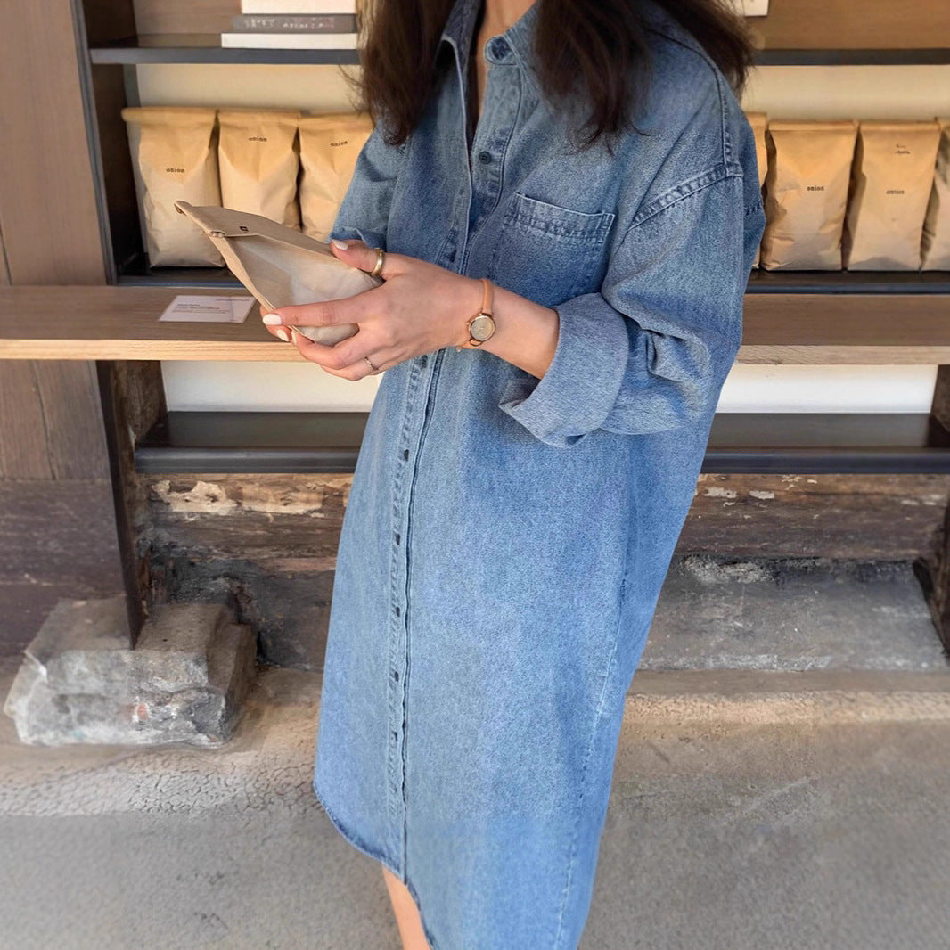 Damen Langes Oversize-Denim-Hemdblusenkleid im washed-Look mit Brusttasche und umgeschlagenen Ärmeln Drune