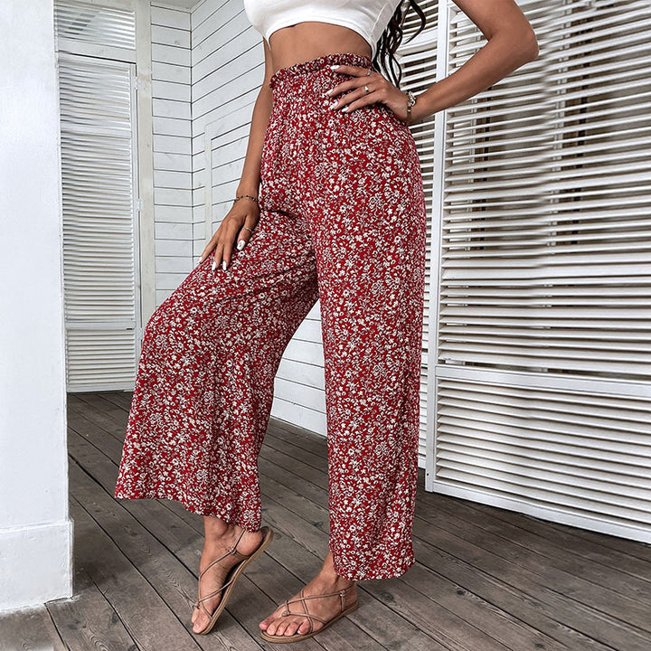 Damen Leichte High‑Waist Palazzo‑Hose mit Gummibund, Blumenprint und seitlichem Beinschlitz Drune