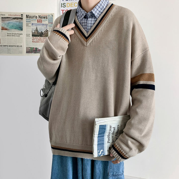 Herren Modischer Grobstrickpullover mit V-Ausschnitt und Streifen Drune