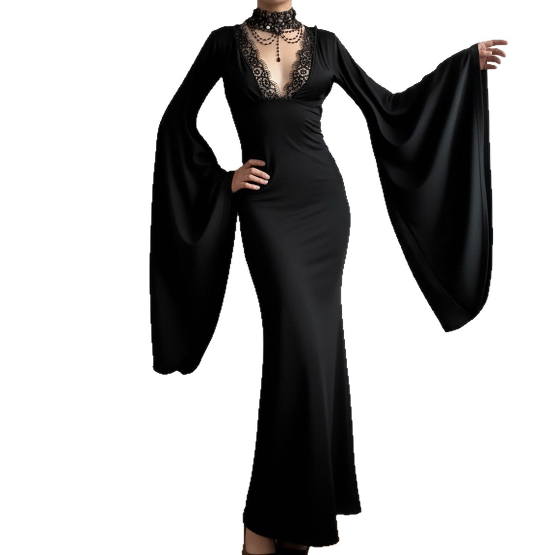 Damen Maxikleid mit tiefem V-Ausschnitt, Spitzenbesatz und dramatischen Wasserfallärmeln Drune
