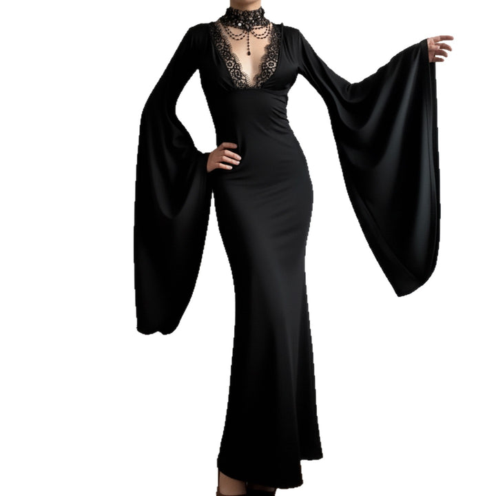 Damen Maxikleid mit tiefem V-Ausschnitt, Spitzenbesatz und dramatischen Wasserfallärmeln Drune