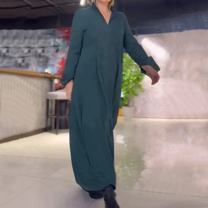 Damen nan fließendes Maxikleid mit V-Ausschnitt, kastiger A-Linie und langen Ärmeln Drune