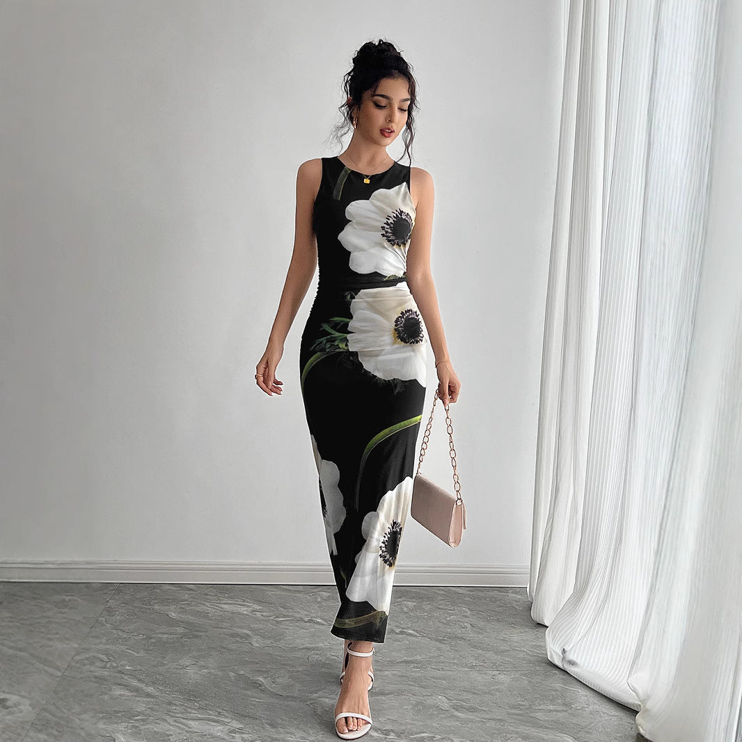 Damen nan figurbetontes ärmelloses Maxikleid mit fotorealistischem Blumenprint und taillierter Silhouette Drune