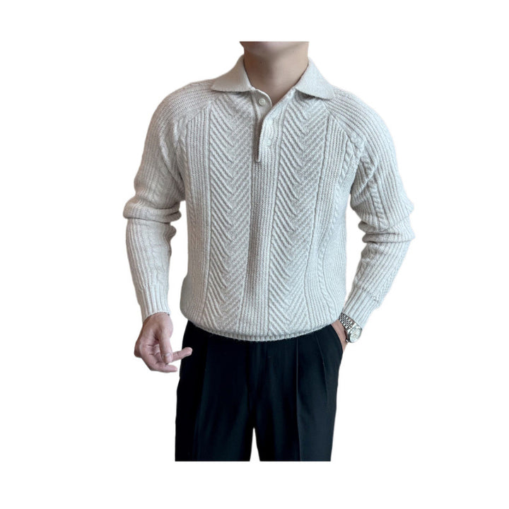 Herren Polokragen-Zopfstrick-Pullover mit halber Knopfleiste Drune
