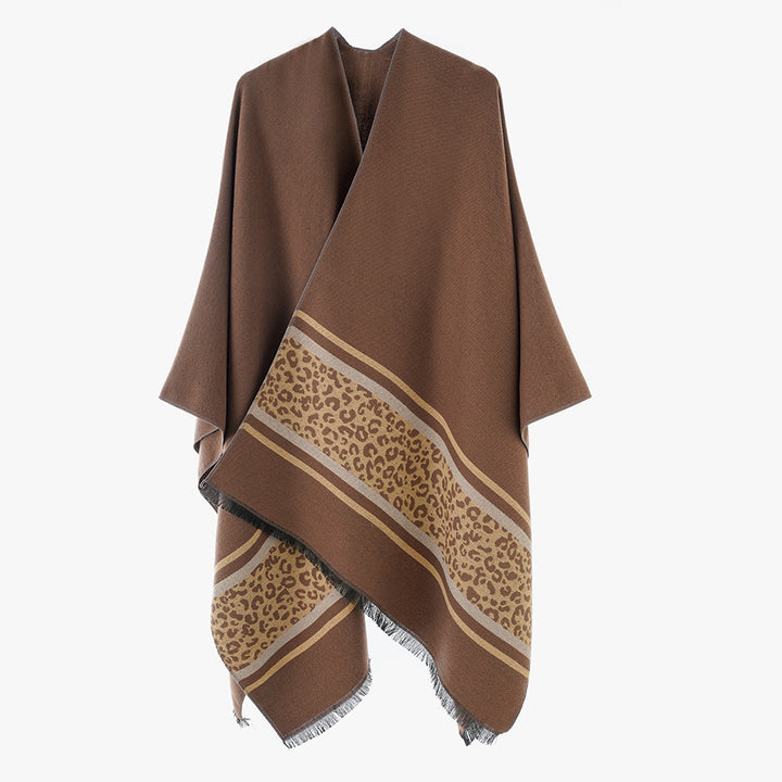 Damen Cape-Poncho aus Feinstrick mit Leoparden-Bordüre und asymmetrischem Saum Drune