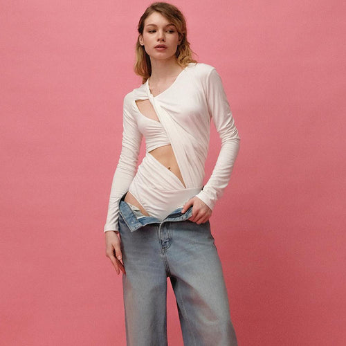 Damen Eleganter Longsleeve Bodysuit mit raffiniertem Drapierungsdesign Drune