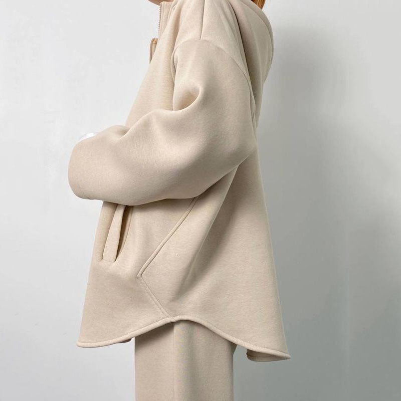 Damen oversized Fleece-Hoodie mit seitlichem Reißverschluss und weiten Hosen Drune
