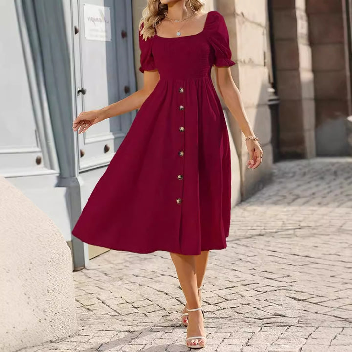 Damen Midi-Kleid mit Puffärmeln und Knopfleiste Drune