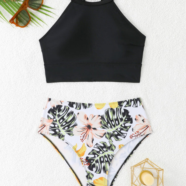 Badeanzug Oberteil mit Hochkragen und floraler Hochschnitt-Hose Drune