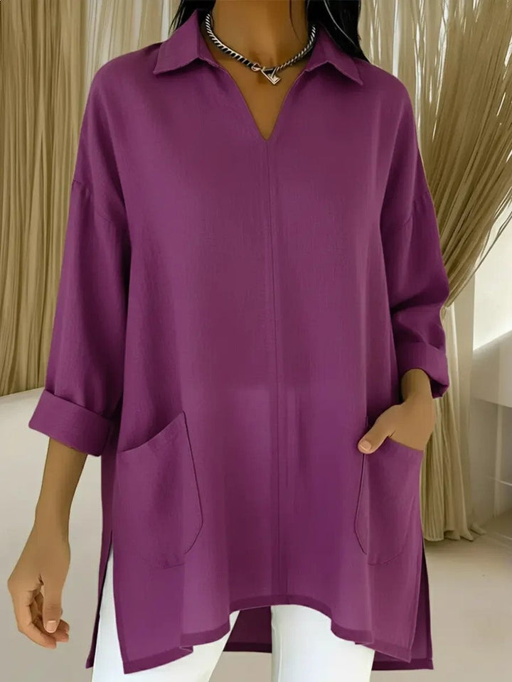 Damen Oversize-Tunika mit Hemdkragen, V-Ausschnitt und aufgesetzten Taschen Drune