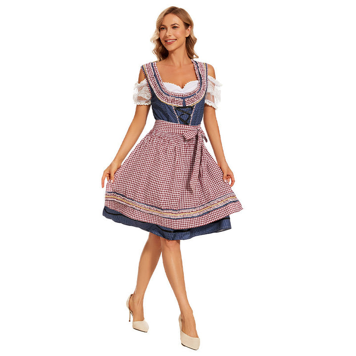 Damen nan traditionelles Trachtenkleid mit Schnürmieder, Spitzenärmeln und karierter Schürze Drune