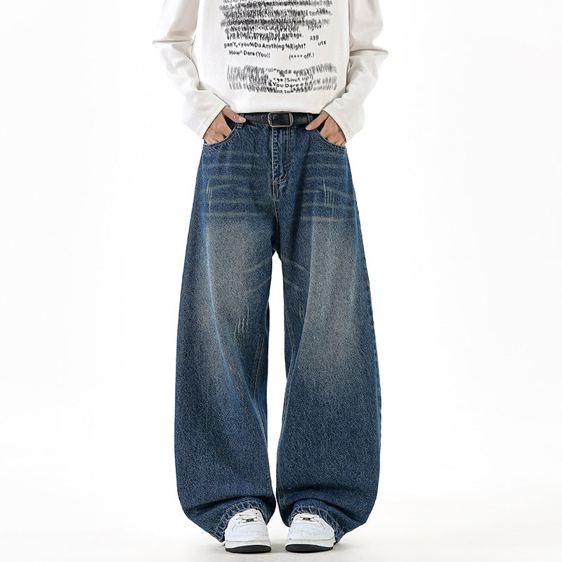 Herren Relaxed Wide‑Leg Denimhose mit extra weitem Bein und Vintage-Fade Drune