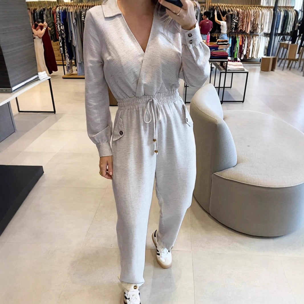 Damen Lässiger Jersey-Overall mit Wickelkragen, Kordel-Taille und aufgesetzten Knopf-Taschen Drune