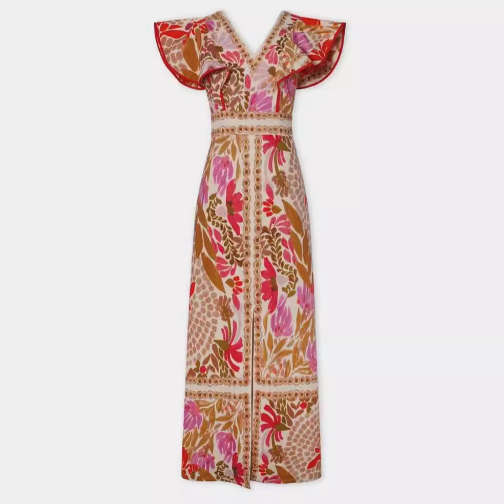 Damen Maxikleid mit farbenfrohem floralem Muster und Volantärmel Drune