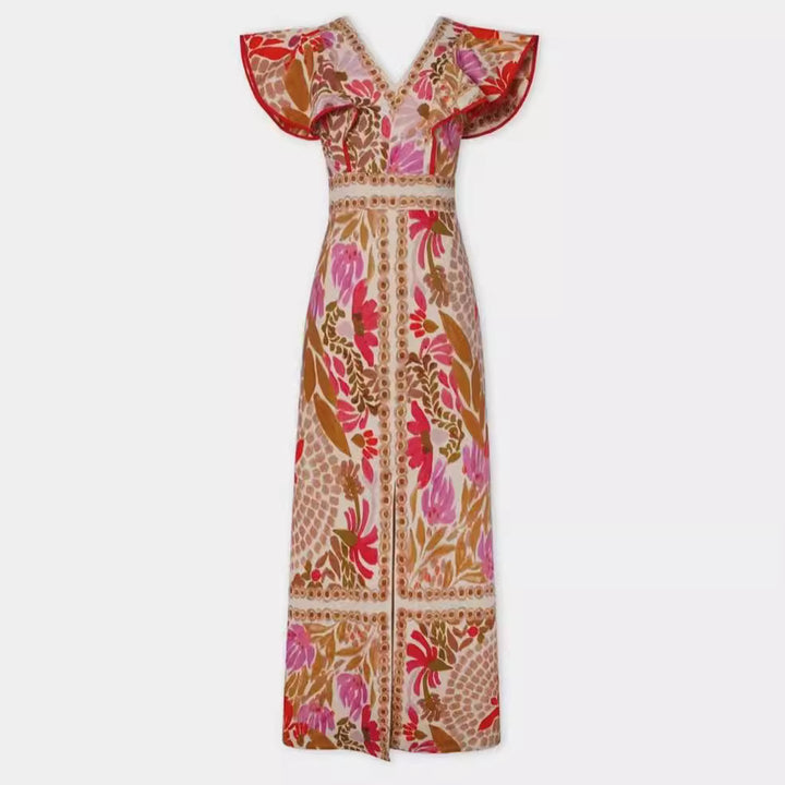 Damen Maxikleid mit farbenfrohem floralem Muster und Volantärmel Drune