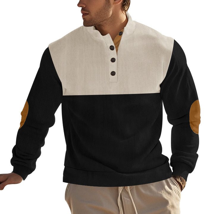 Herren nan strukturiertes Henley-Sweatshirt mit Stehkragen, Knopfleiste und Leder-Ellenbogenpatches Drune