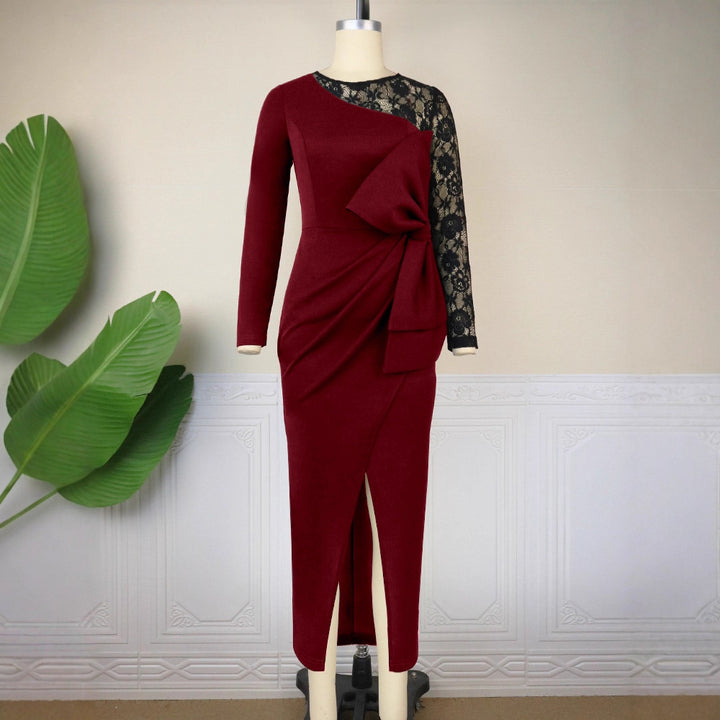 Damen elegantes Etuikleid mit aufwendigem Spitzenärmel und drapiertem Saum Drune
