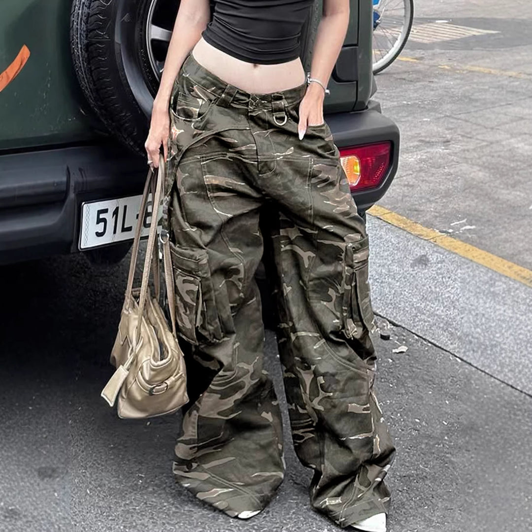 Damen High-Waist Oversized Cargo-Cordhose mit Multi-Pocket und D-Ring Drune