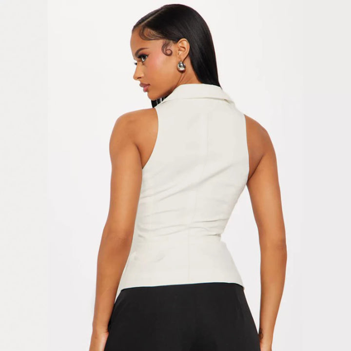 Damen elegant geschnittenes Wickeloberteil mit Knopfleiste und Kragen Drune