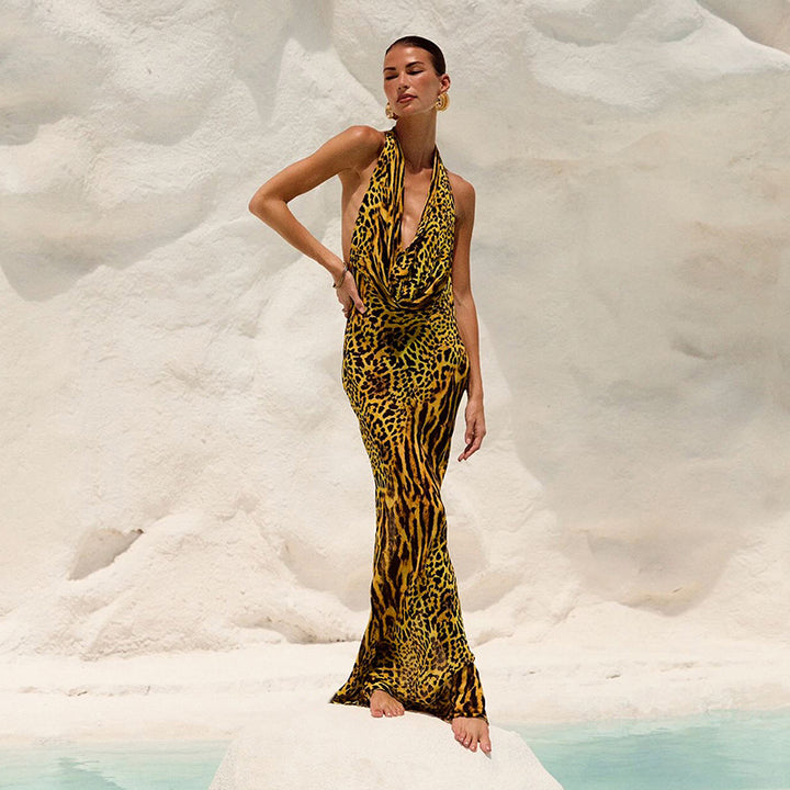 Damen Elegantes Maxikleid mit tiefer Halslinie und aufregendem Muster Drune