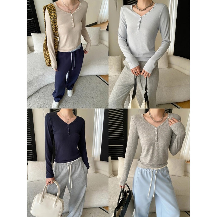 Damen Langarmshirt mit V-Ausschnitt und Knopfleiste Drune
