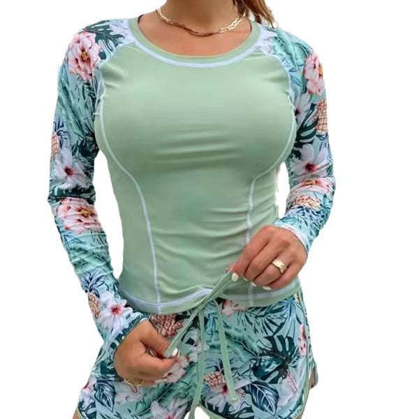 Damen Sportliches Langarm-Badeoberteil mit floralem Design und Shorts Drune