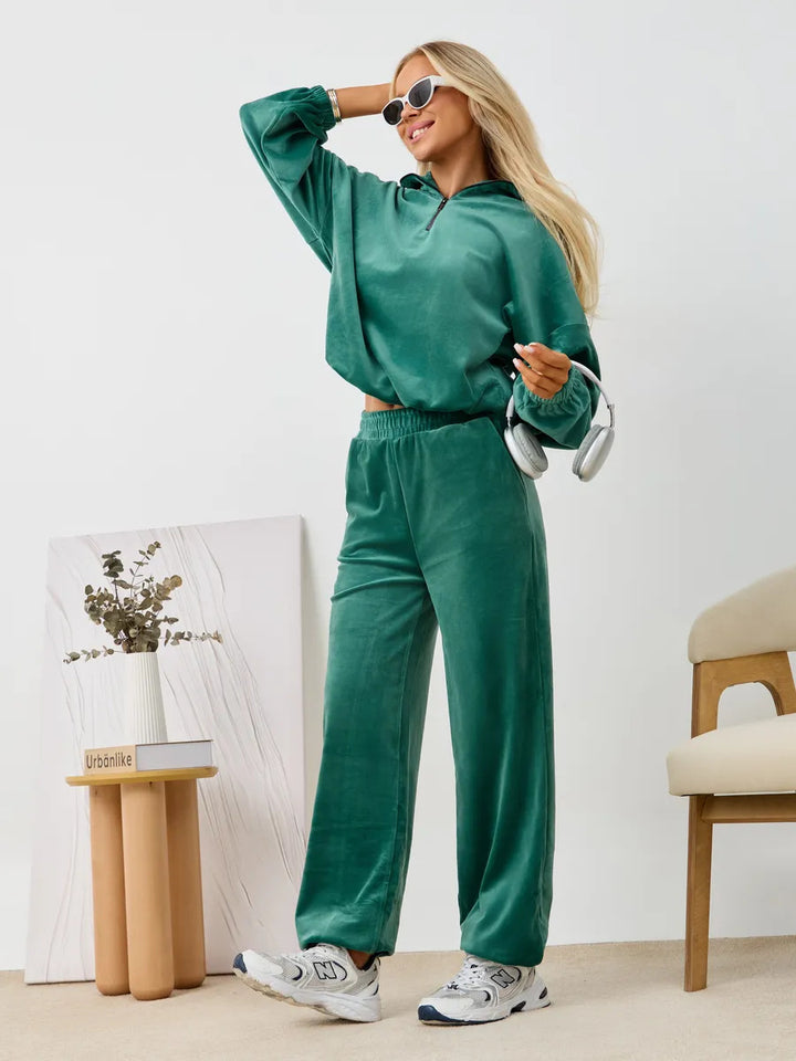 Damen samtiges zweiteiliges Lounge-Set mit Kapuzen-Halbzip und elastischer Bundhose Drune