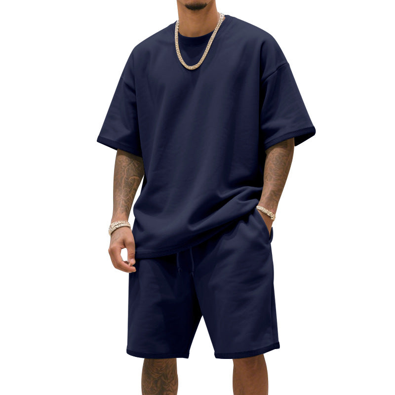 Herren nan entspannter Jersey-Set mit verlängertem Rundhals-T-Shirt und elastischen Kordelzug-Shorts Drune