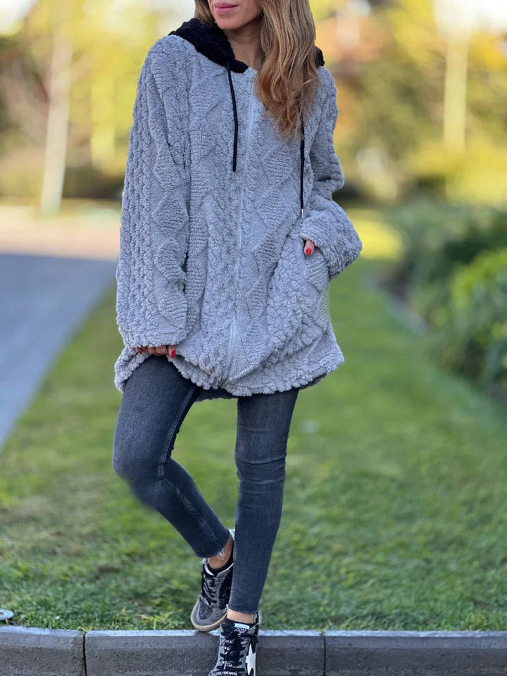 Drune | Lange Weinlese Kapuzen Fell Reißverschluss Gestrickte Jacke
