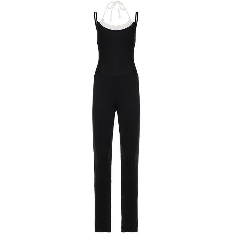 Damen schmal geschnittener Jumpsuit mit verstellbaren Spaghettiträgern und hohem Bund Drune