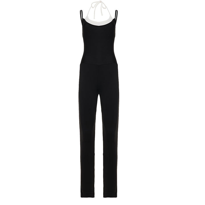 Damen schmal geschnittener Jumpsuit mit verstellbaren Spaghettiträgern und hohem Bund Drune