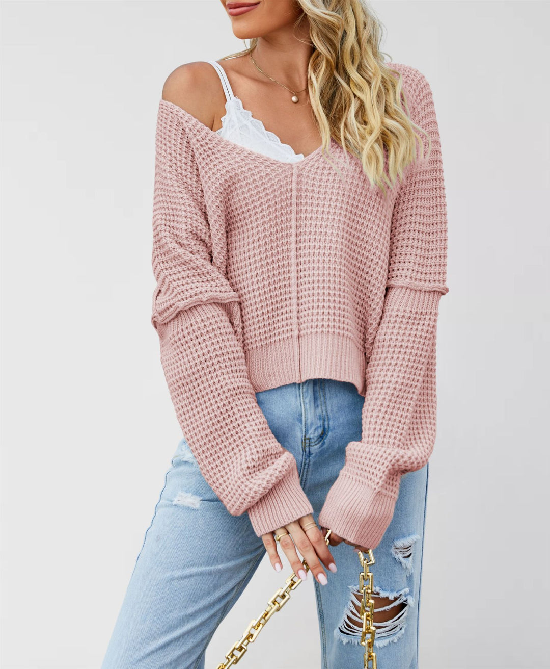 Damen lässiger V-Ausschnitt Strickpullover mit offenen Schultern und strukturiertem Design Drune