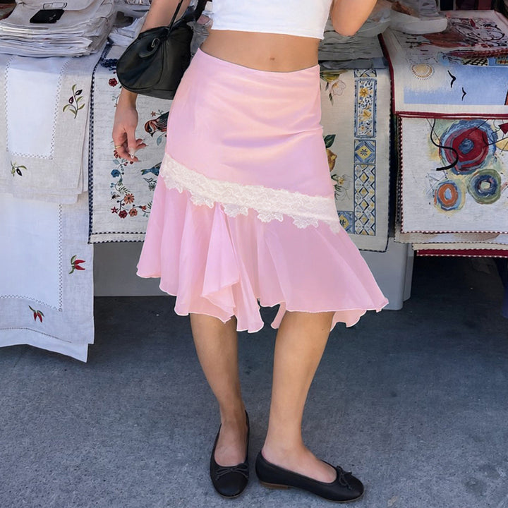 Damen Asymmetrischer Midirock mit Spitzenbesatz und Volantsaum Drune