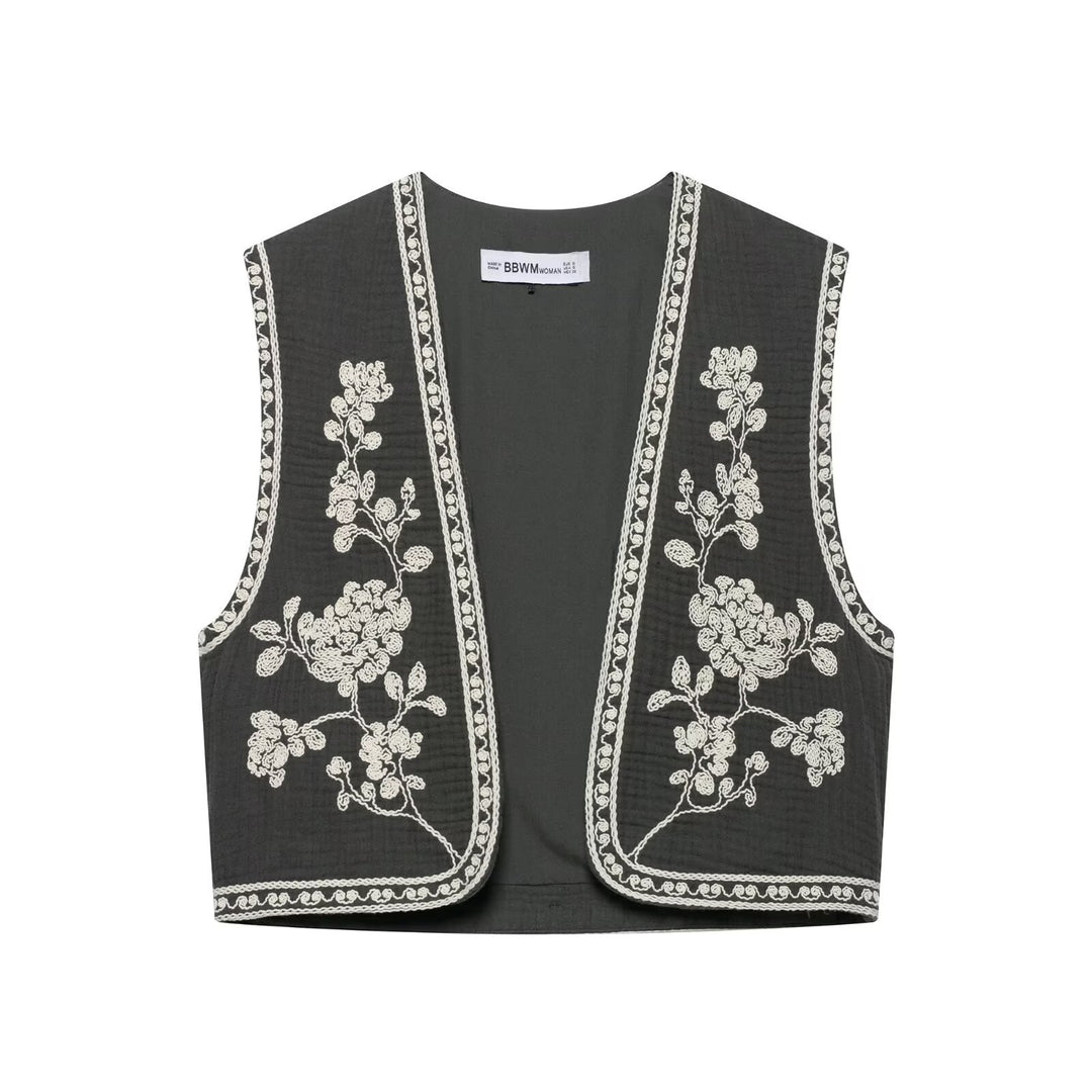 Damen nan leichte bestickte Baumwoll-Weste im Boho-Stil mit V-Ausschnitt und dekorativer Kantenverzierung Drune
