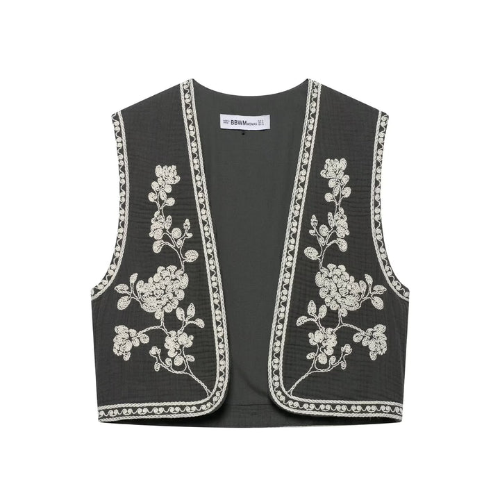 Damen nan leichte bestickte Baumwoll-Weste im Boho-Stil mit V-Ausschnitt und dekorativer Kantenverzierung Drune