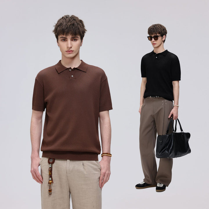 Herren Kurzarm-Feinstrick-Poloshirt mit Strukturstrick und luftiger Perforation Drune