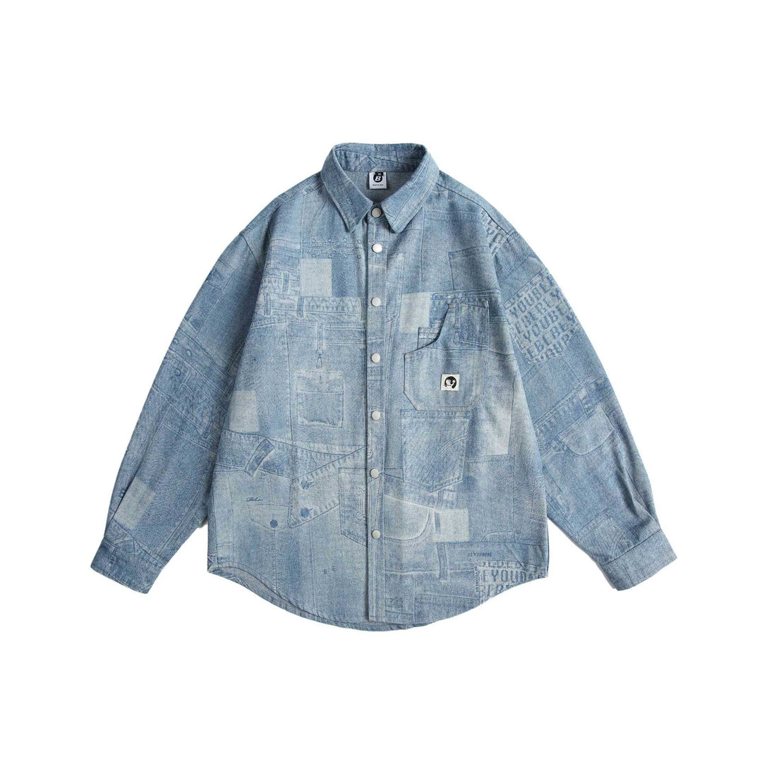 Unisex Oversize-Denim-Hemdjacke mit Patchwork-Print und Druckknopfblende Drune