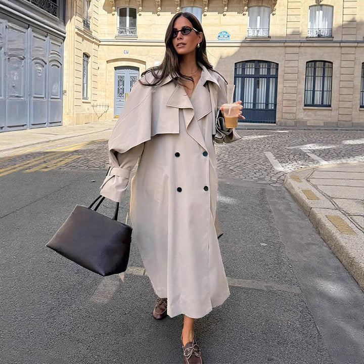 Damen Oversize Trenchcoat aus leichtem Gabardine mit Schulterklappen und Wasserfallkragen Drune