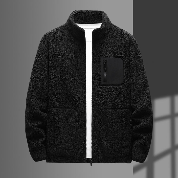 Herren wärmende Teddyfleecejacke mit Stehkragen, durchgehendem Reißverschluss und Brustreißverschlusstasche Drune