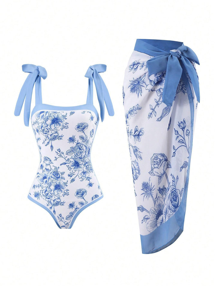 Damen Eleganter Badesuit mit floralen Akzenten und modischem Wickelrock Drune