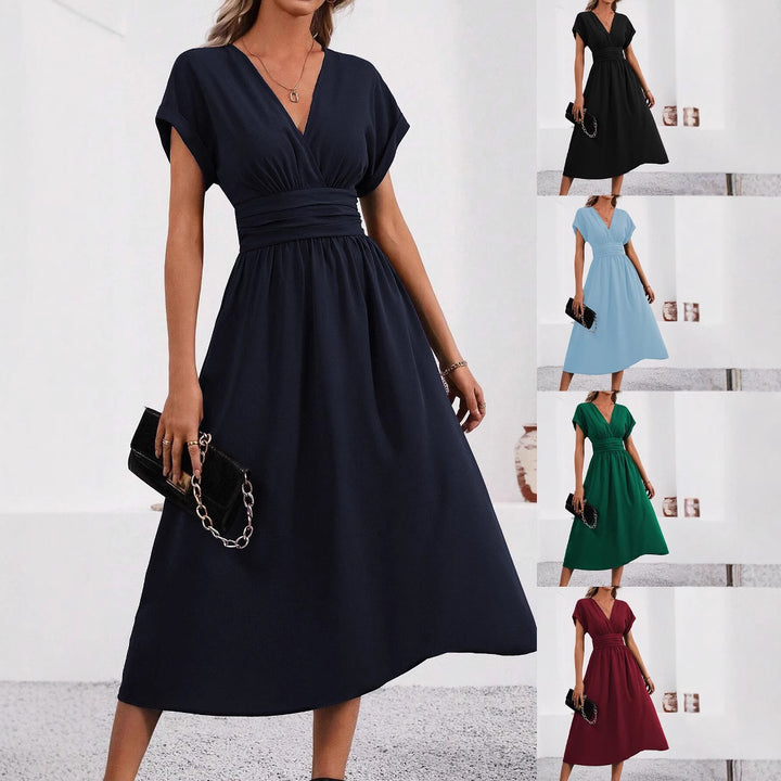 Damen Midi-Kleid mit V-Ausschnitt und breiten Trägern Drune