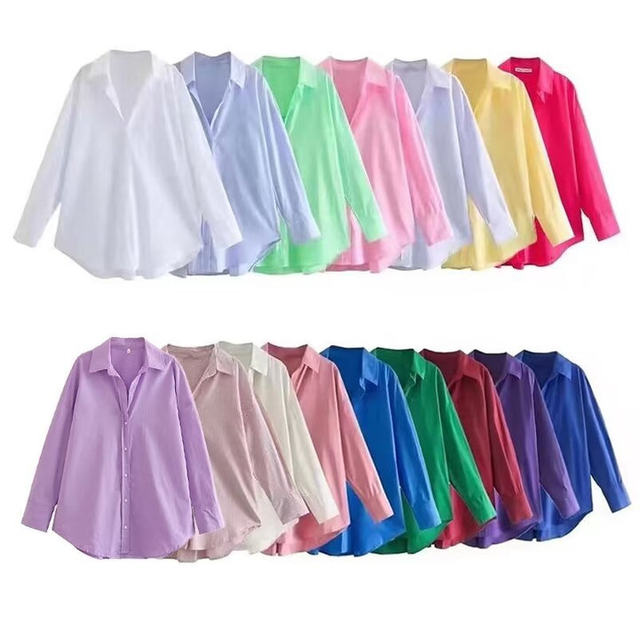 Damen nan oversized Longbluse mit Kentkragen, durchgehender Knopfleiste und abgerundetem Saum Drune